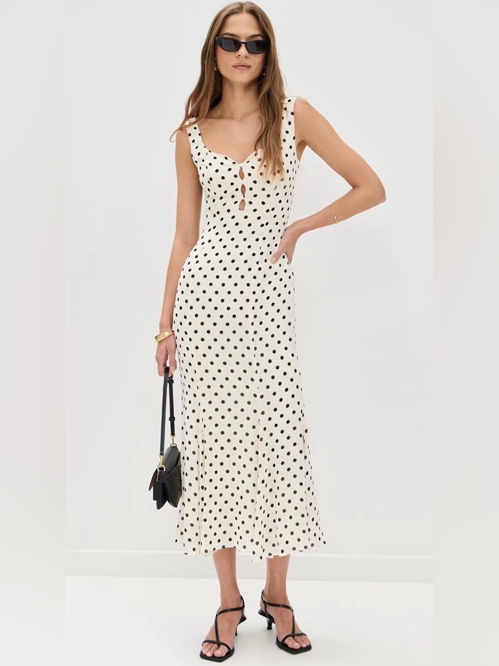 REFORMATION Laine Dress Cream with Black Polka Dots